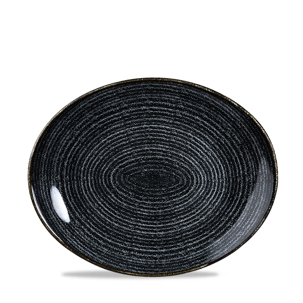 Schwarzer Teller mit spiralförmigem Muster.