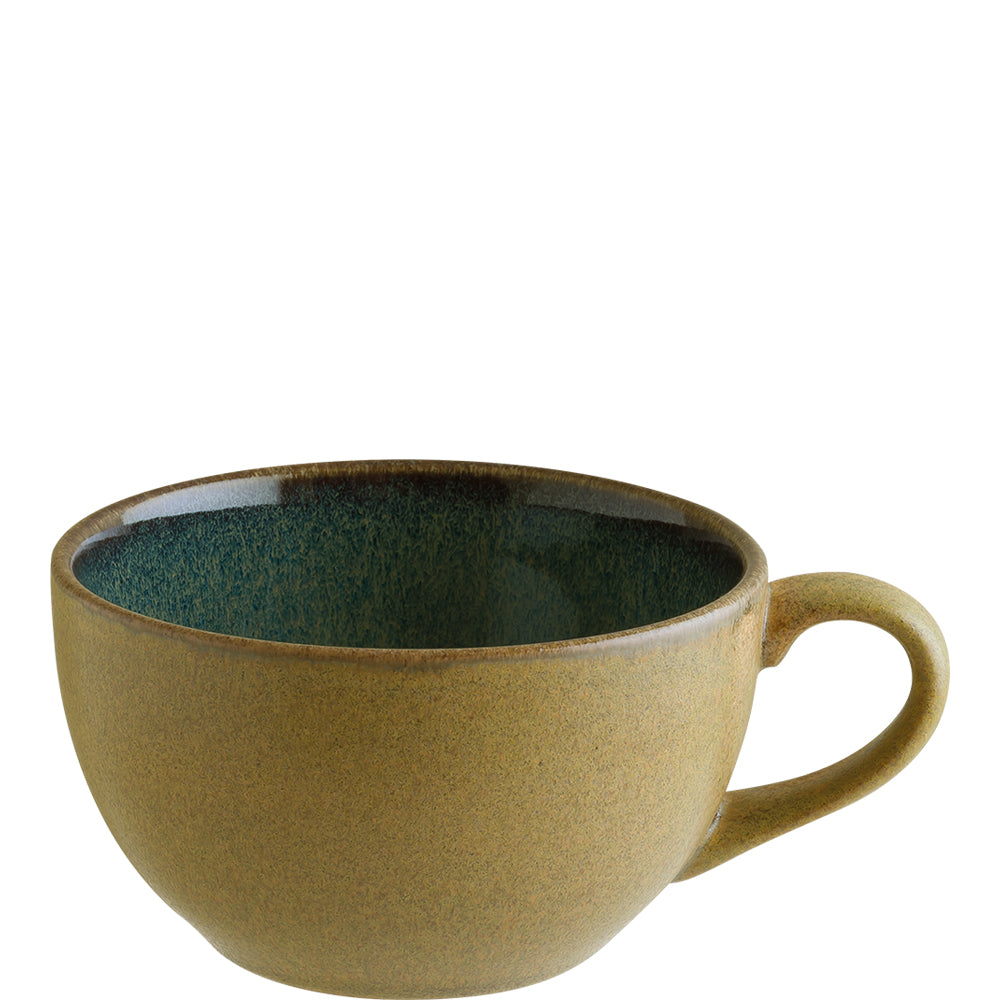 Grüne Keramiktasse mit Henkel.