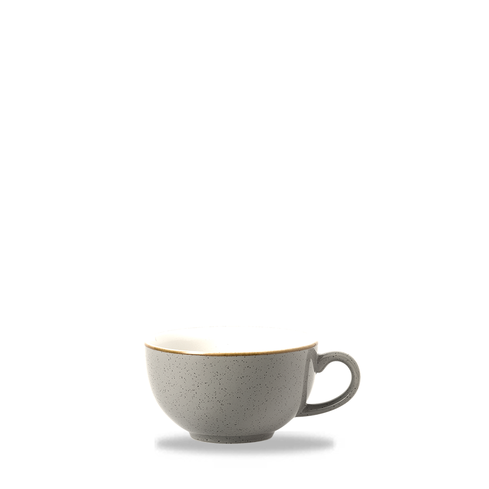 Graue Tasse mit Henkel.