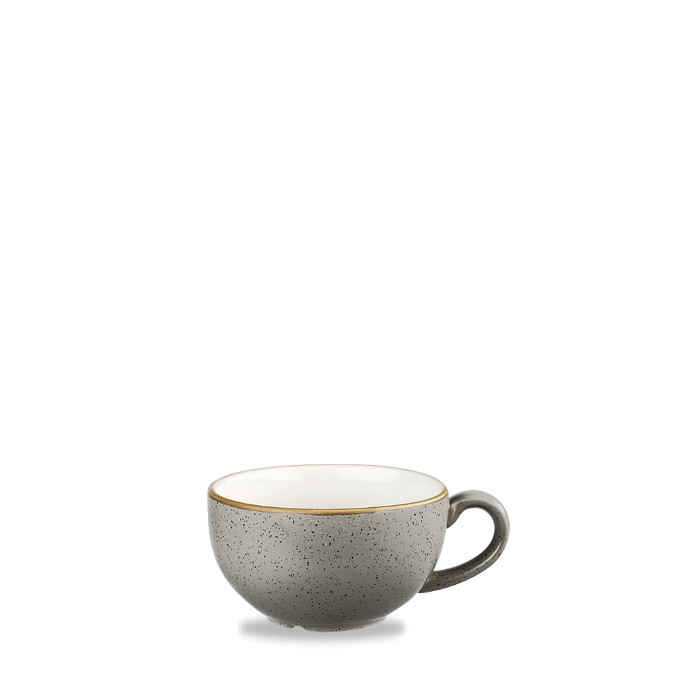 Graue Tasse mit Henkel.