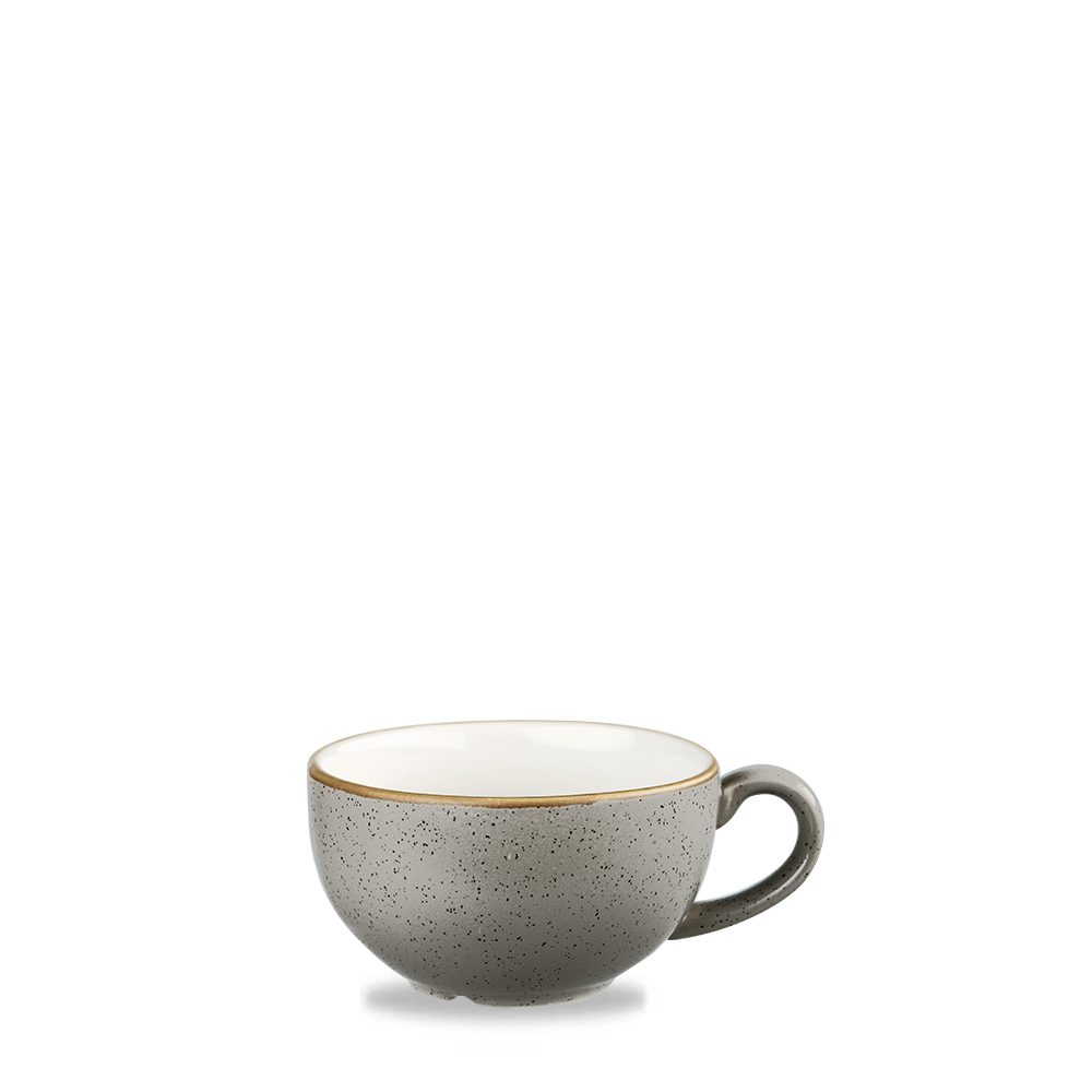 Graue Tasse mit Henkel.