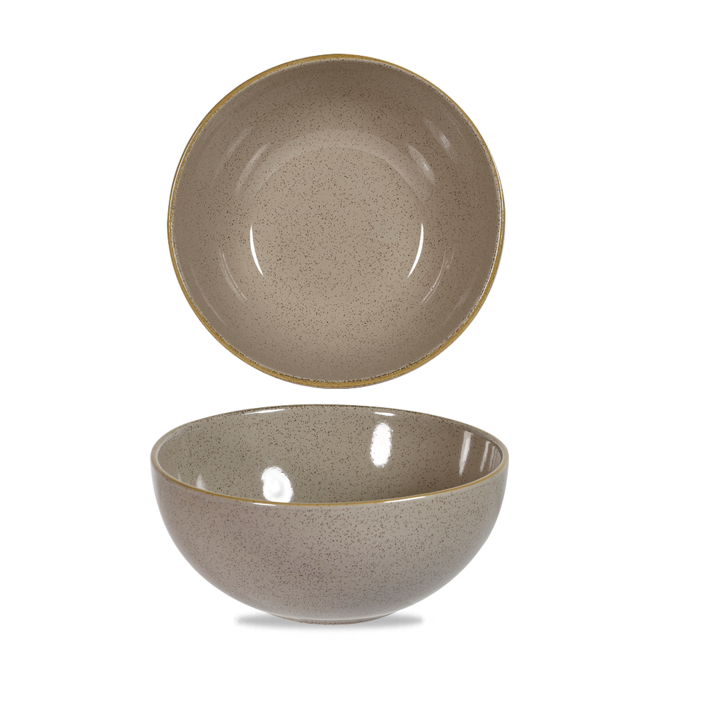 Zwei beige, gesprenkelte Schalen.