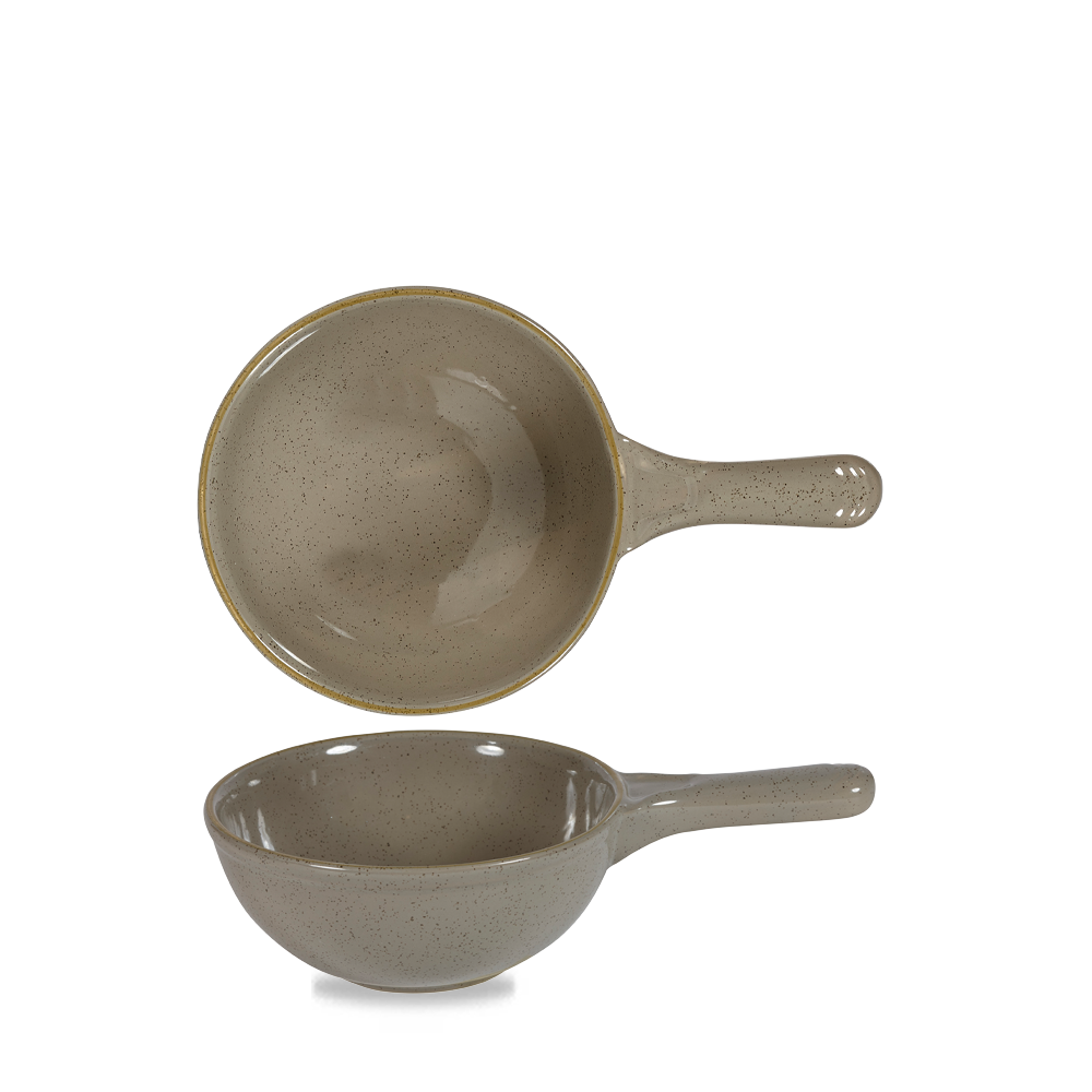 Zwei graue Suppenschalen mit Griff.