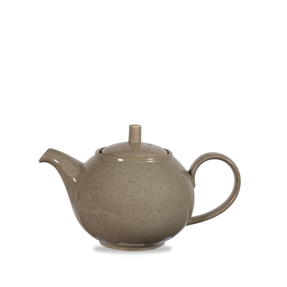 Beige Teekanne mit Deckel.