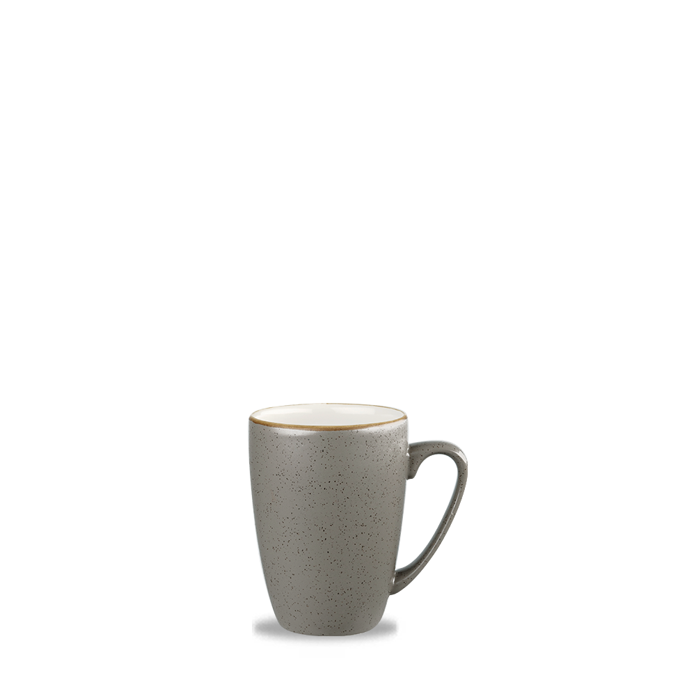 Graue Keramiktasse mit Henkel.