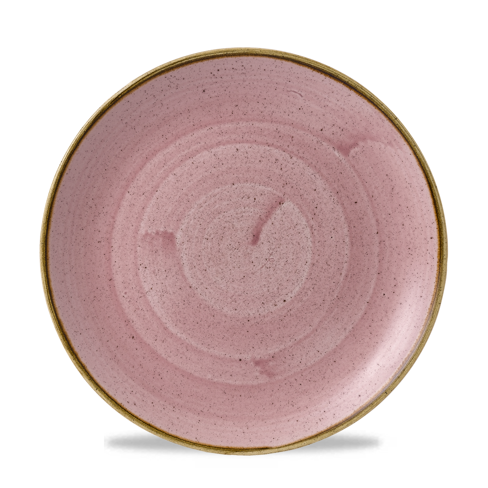Rosa Teller mit braunem Rand.
