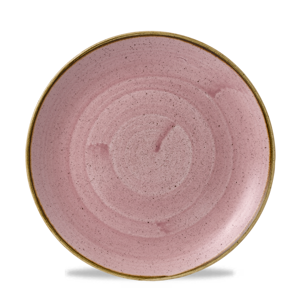 Rosa Teller mit braunem Rand.