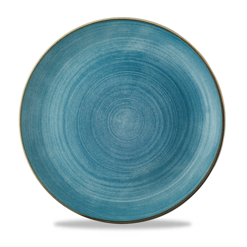 Blauer Teller mit spiralförmigem Muster.