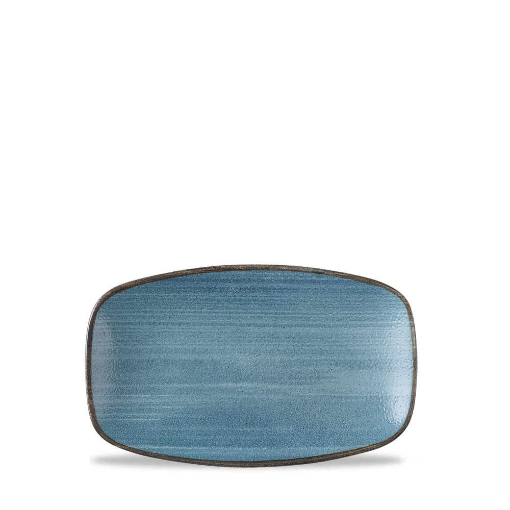 Blauer rechteckiger Teller, minimalistisch.