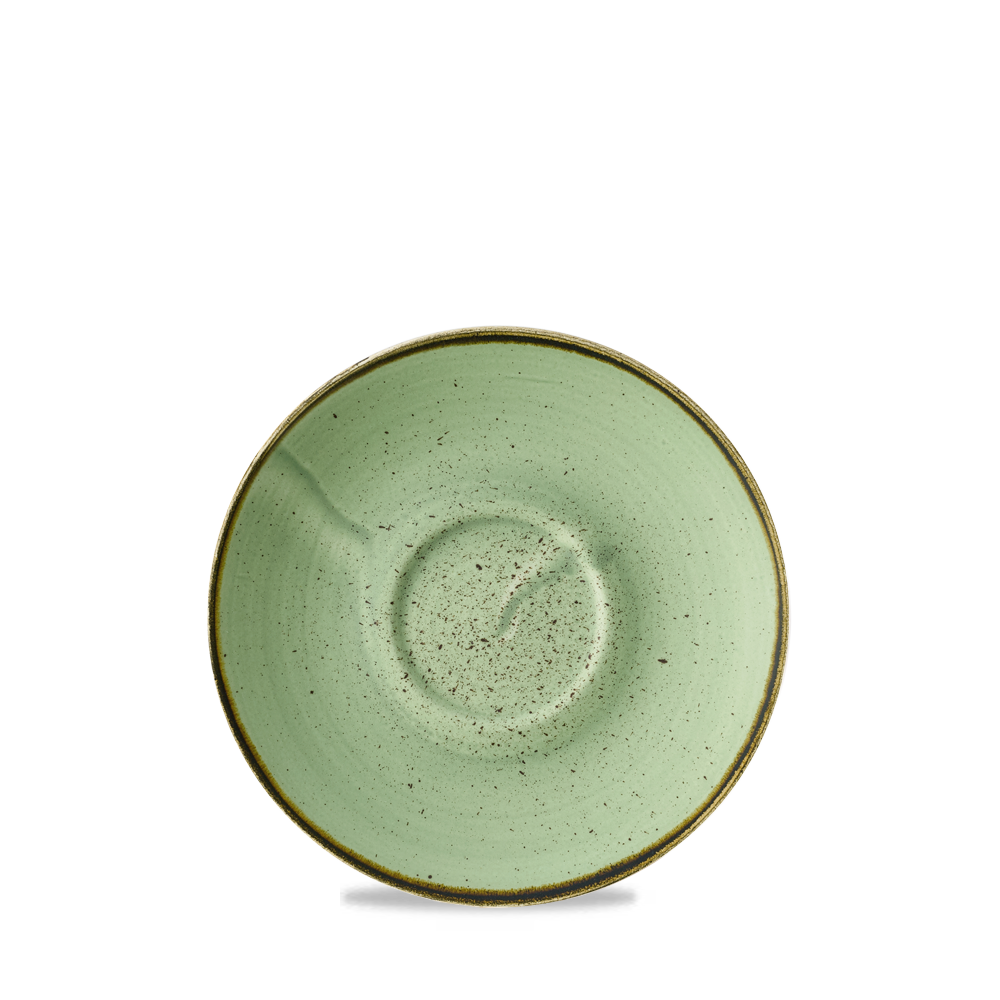 Grüner Teller mit Sprenkeln.