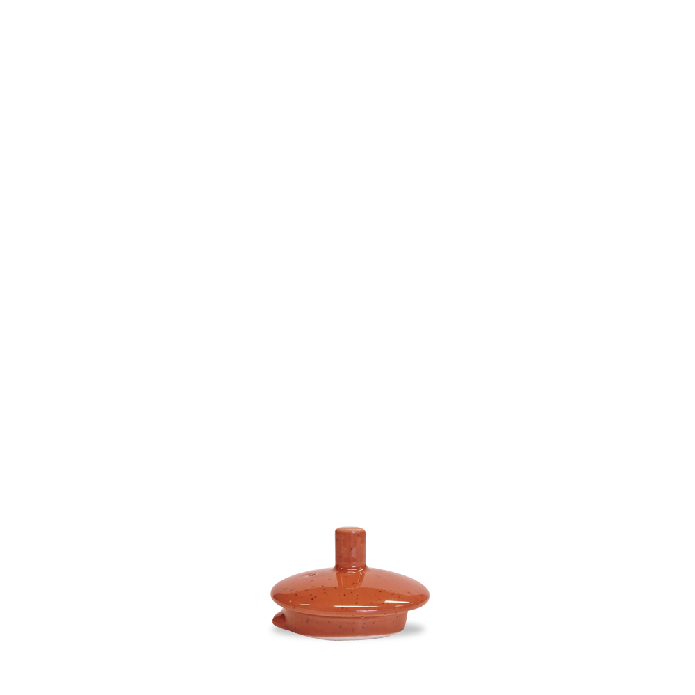 Rote Keramik-Butterdose mit Deckel.