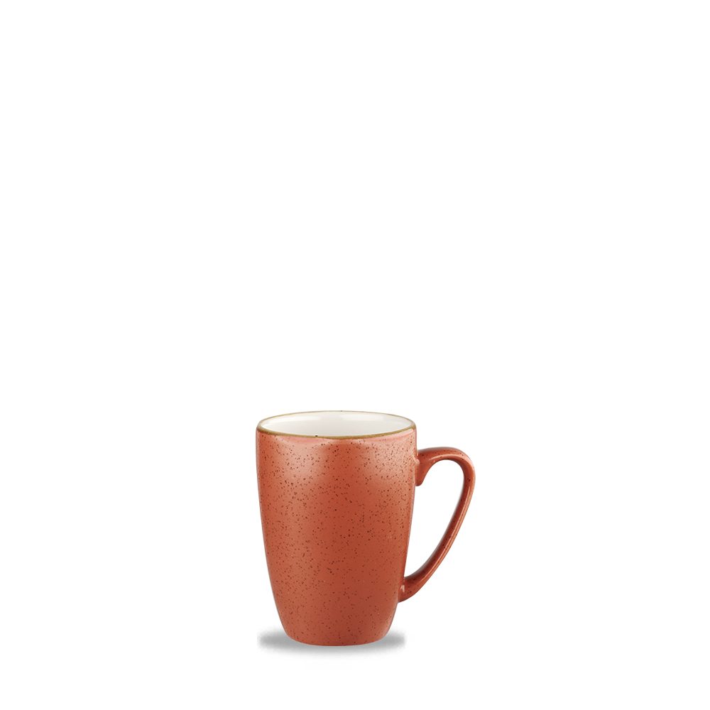 Rote Keramiktasse mit Henkel.