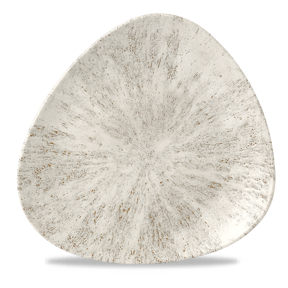 Dreieckiger, rustikaler Teller, beige.