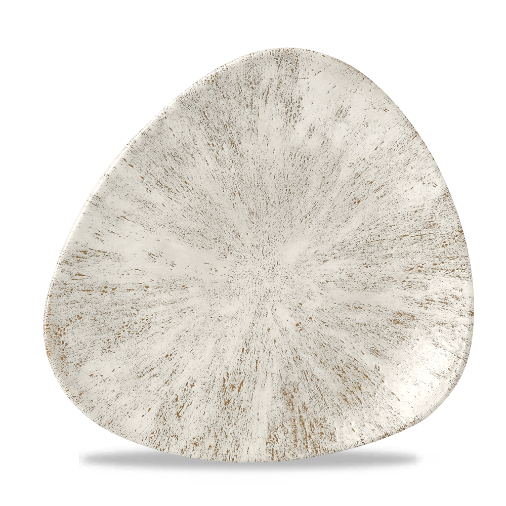 Dreieckiger, rustikaler Teller, beige.