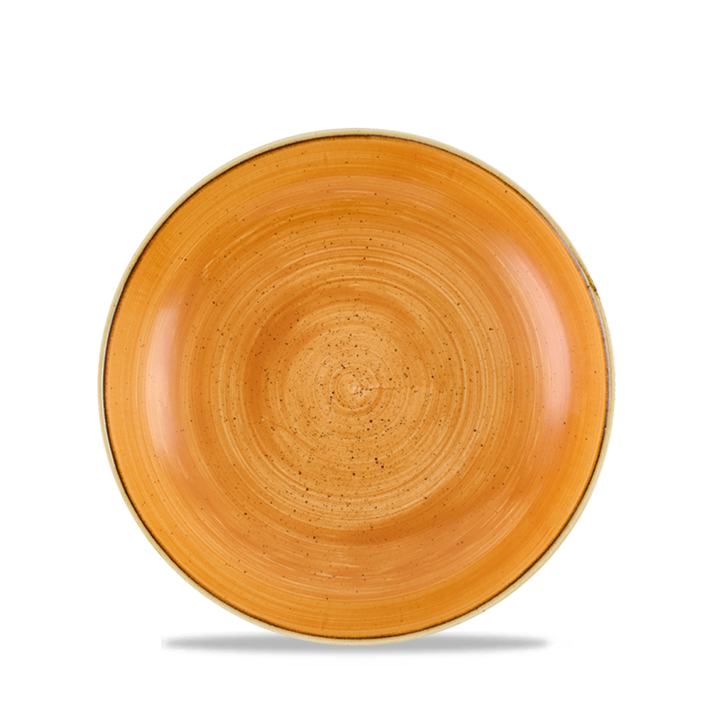 Orangefarbener, runder Keramikteller.