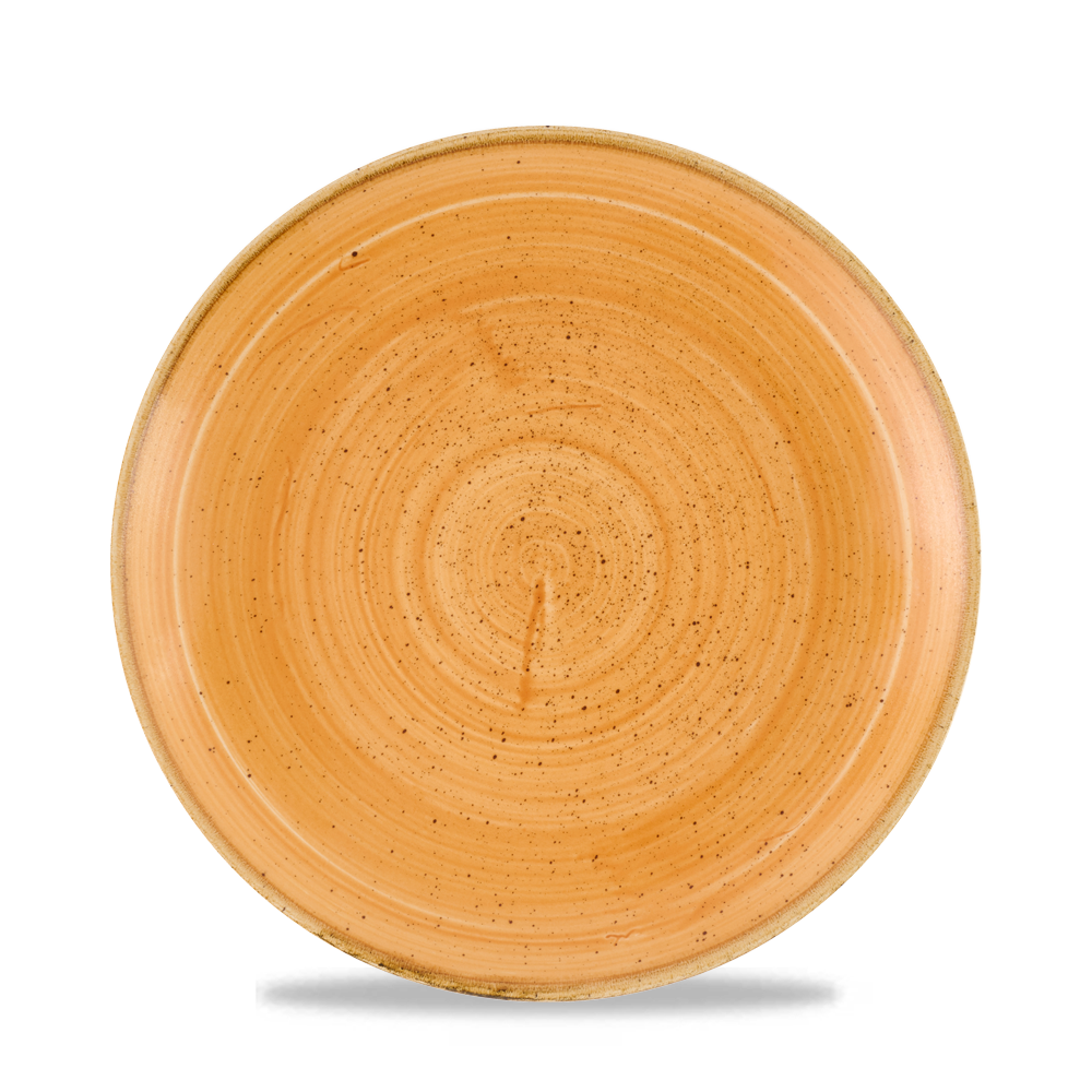 Orange, rustikaler, runder Keramikteller.