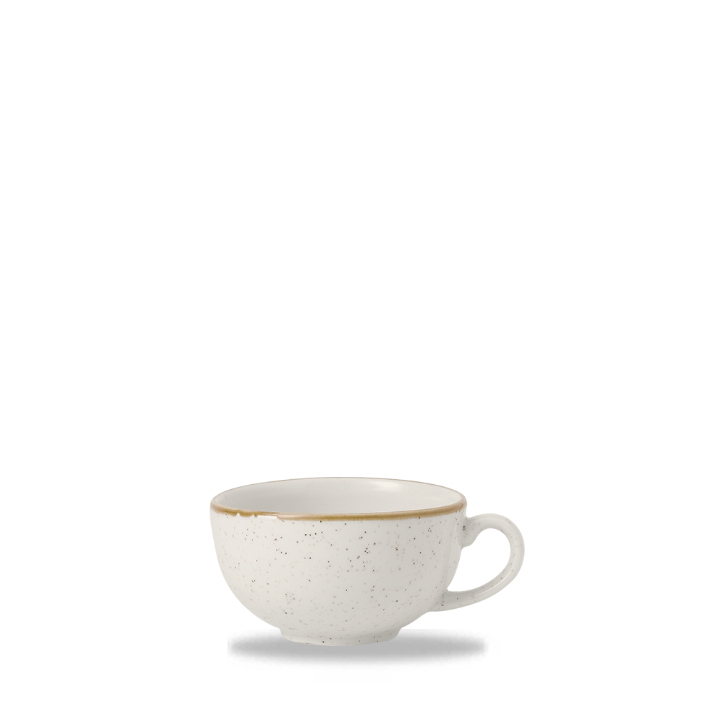 Weiße, gesprenkelte Tasse, schlicht.