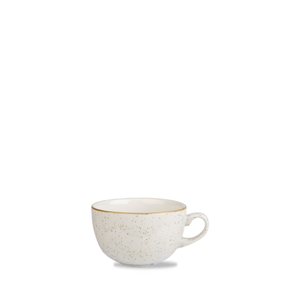 Weiße Tasse mit Sprenkeln.