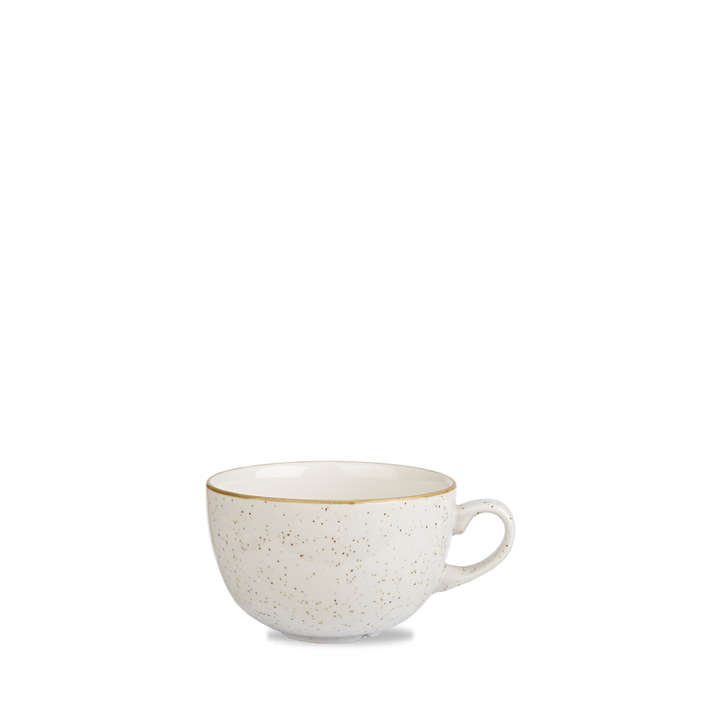 Weiße Tasse mit Sprenkeln.