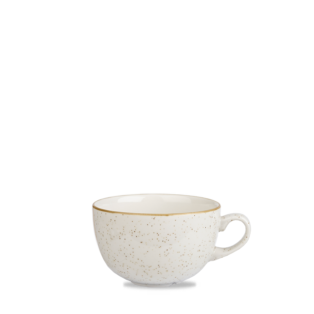 Weiße Tasse mit goldenen Sprenkeln.