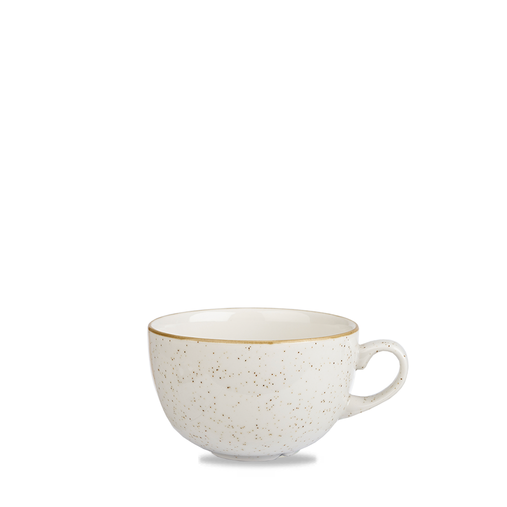 Weiße, gesprenkelte Teetasse.