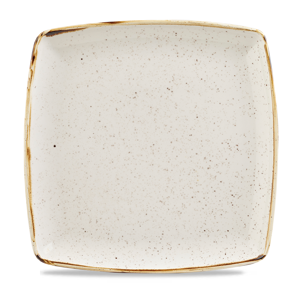 Quadratischer, gesprenkelter, weißer Teller.