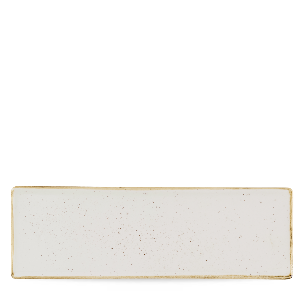 Rechteckiger, weißer Keramikteller, minimalistisch.