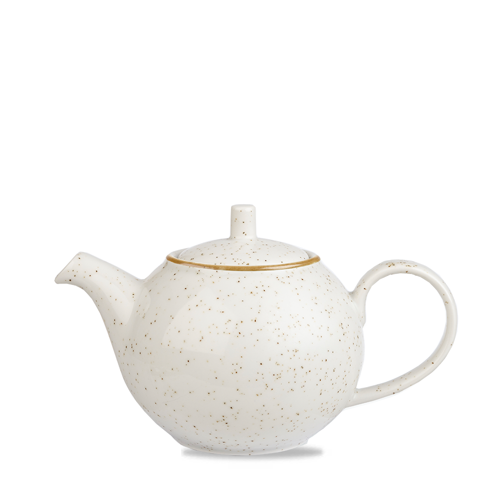 Weiße Teekanne mit Sprenkeln.