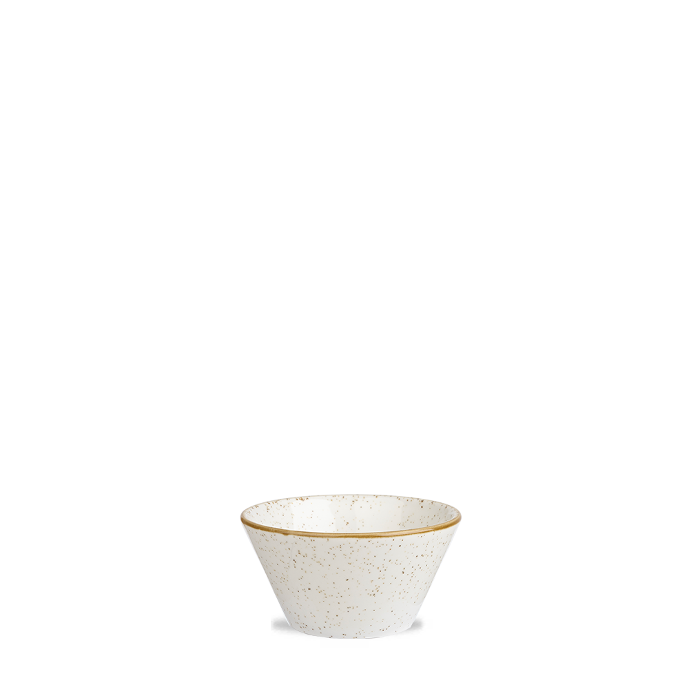 Weiße Schale mit Sprenkeln.
