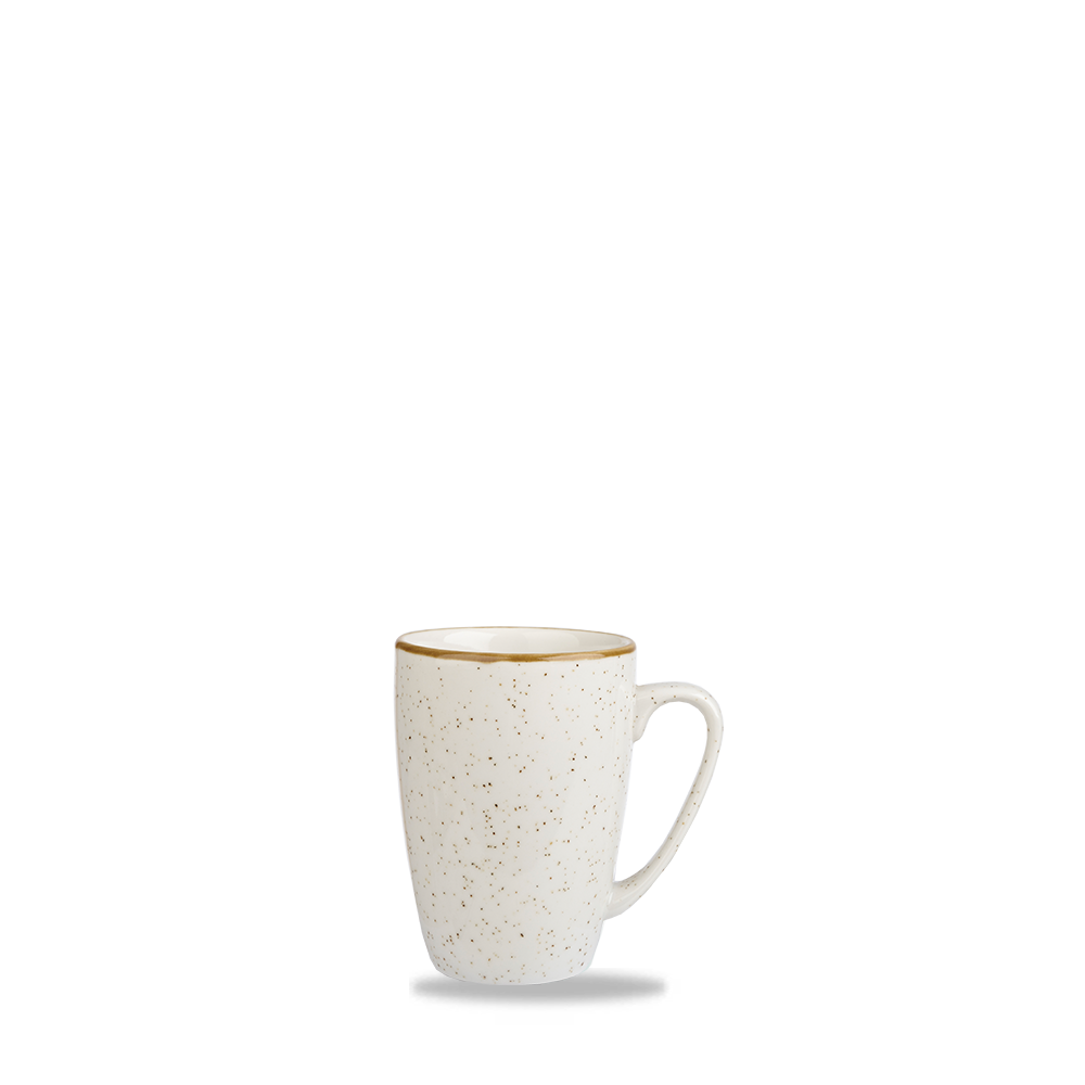 Weiße Tasse mit Sprenkeln.
