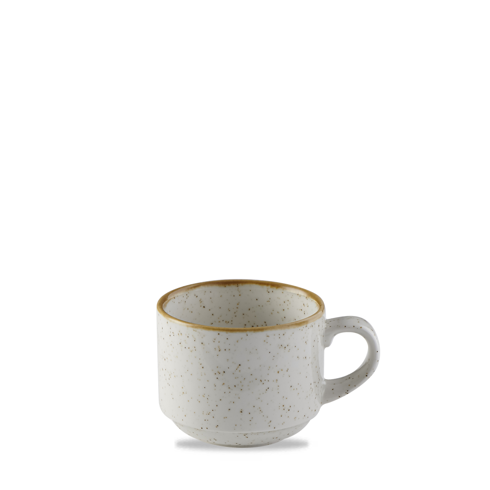 Weiße Tasse mit Sprenkeln.