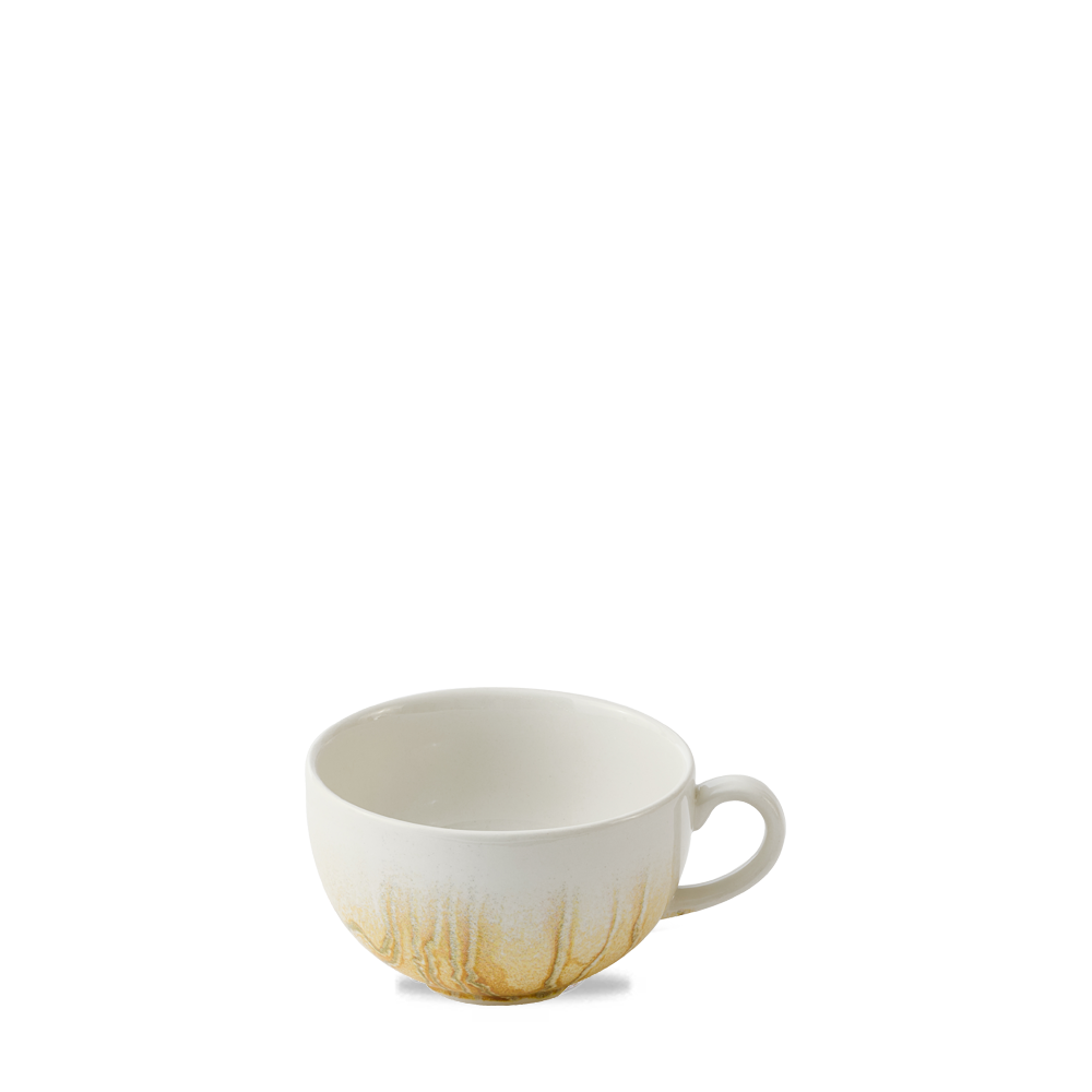 Weiße Tasse mit gelbem Muster.