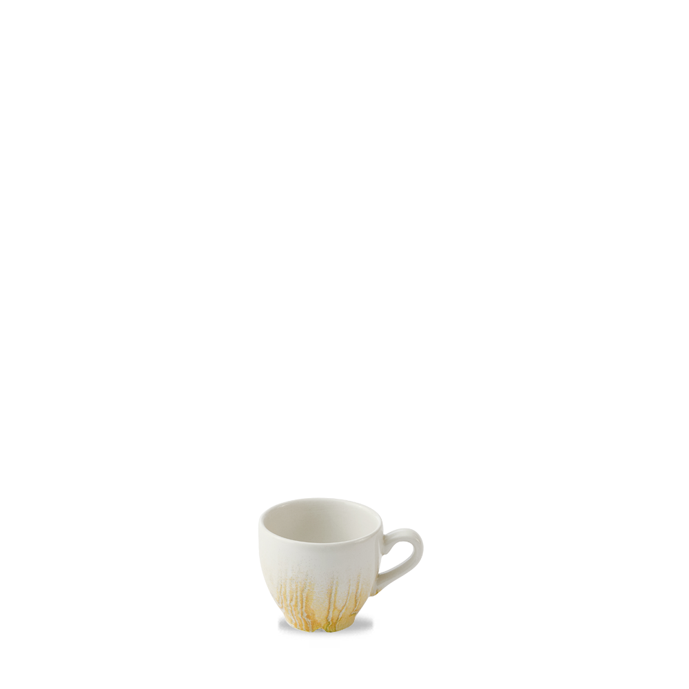 Weiße Tasse mit gelbem Muster.
