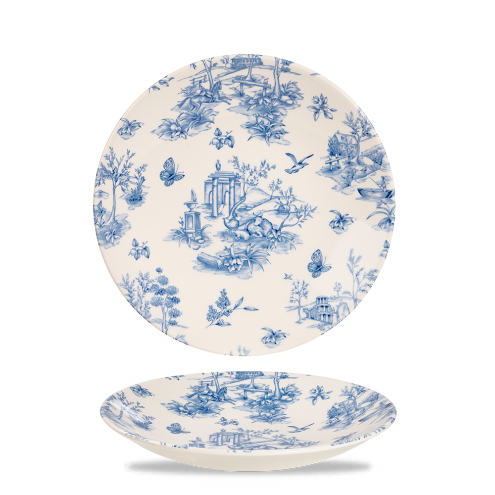 Blau-weißes Teller-Set mit Mustern.