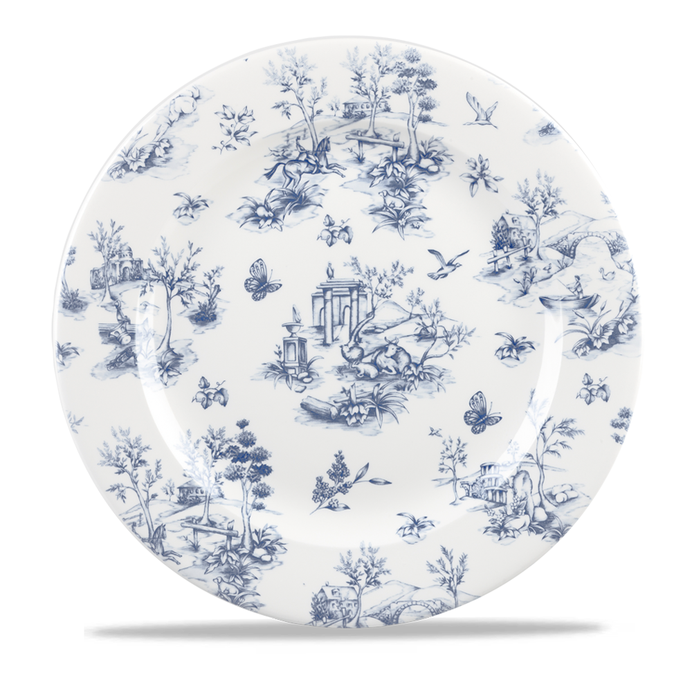 Porzellanteller mit blauem Muster.