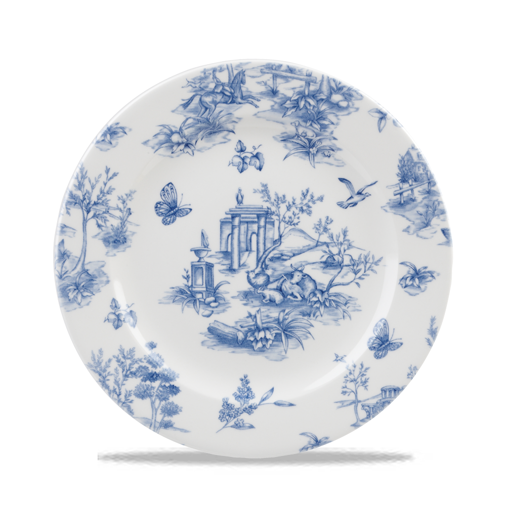 Weißer Teller mit blauen Motiven.