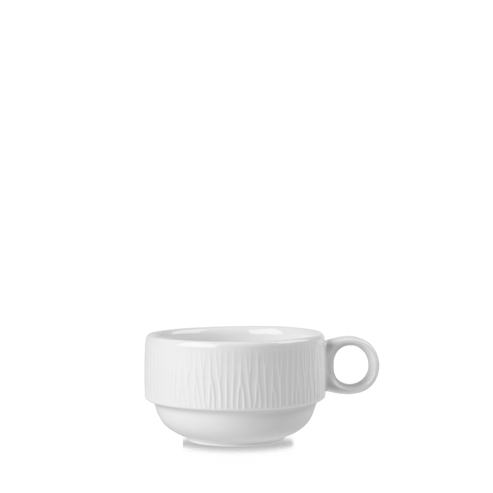 Weiße Tasse mit Henkel.