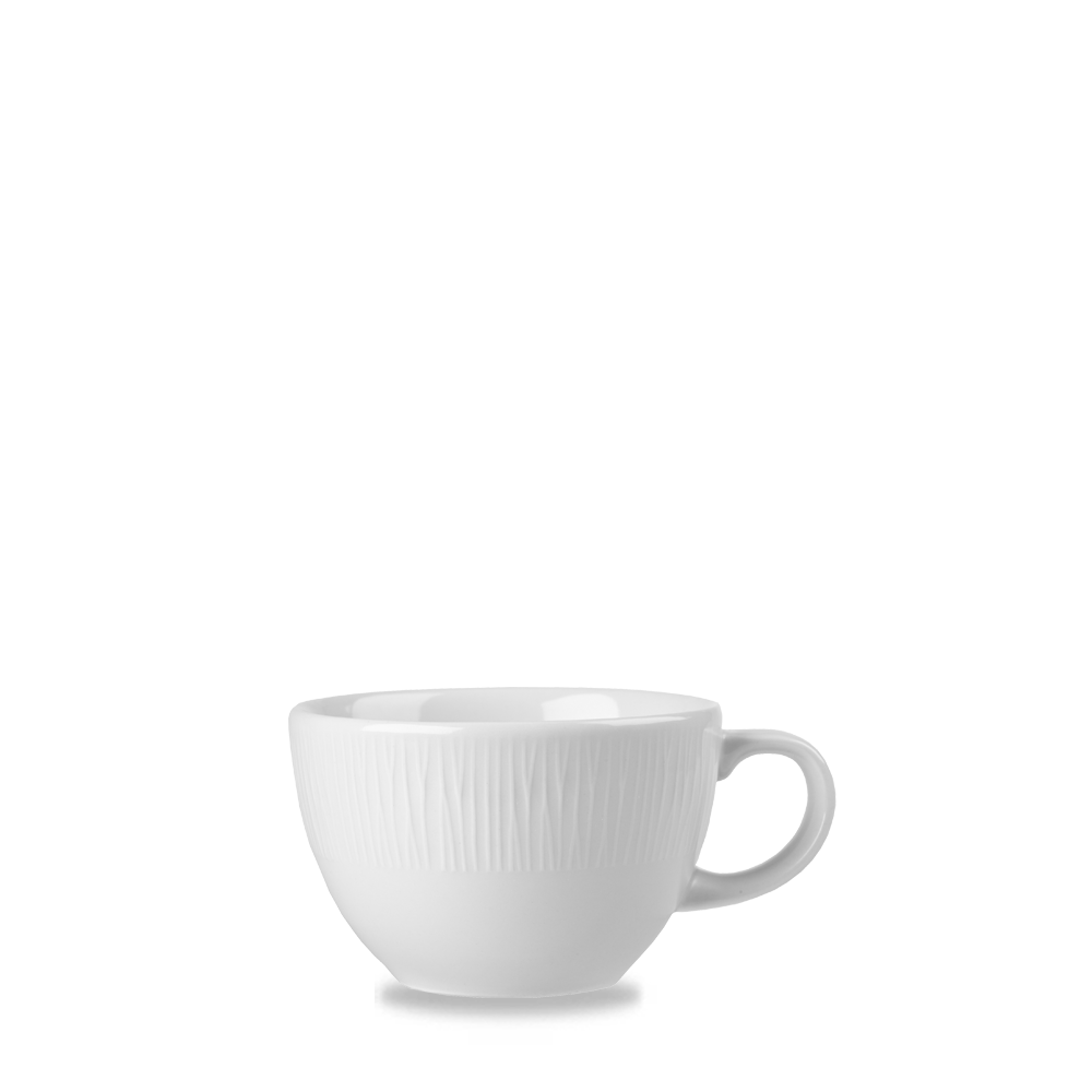 Weiße Tasse auf weißem Hintergrund.
