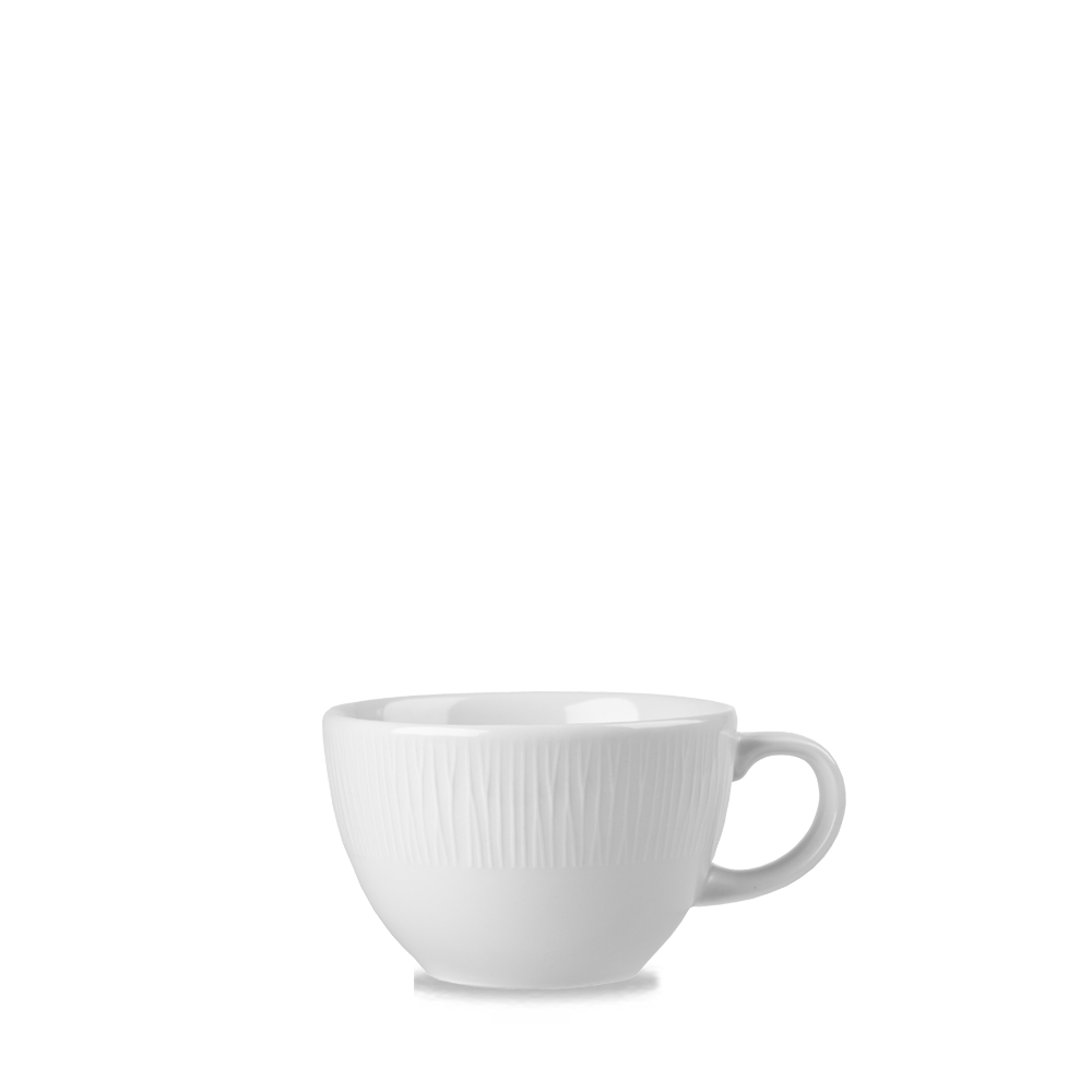 Weiße Tasse mit Henkel.