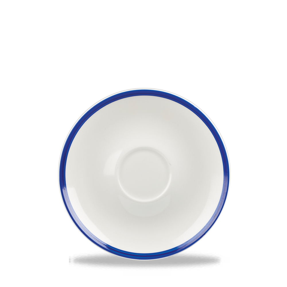Weiße Untertasse mit blauem Rand.