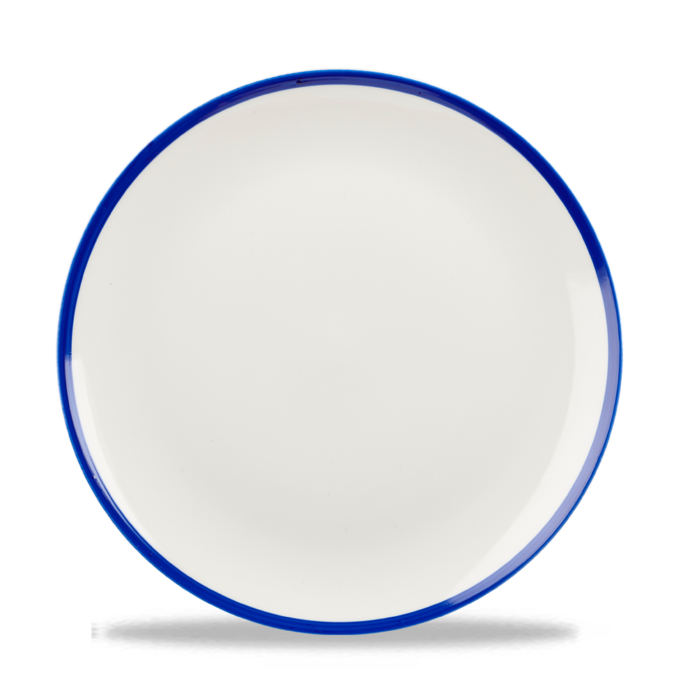 Weißer Teller mit blauem Rand.