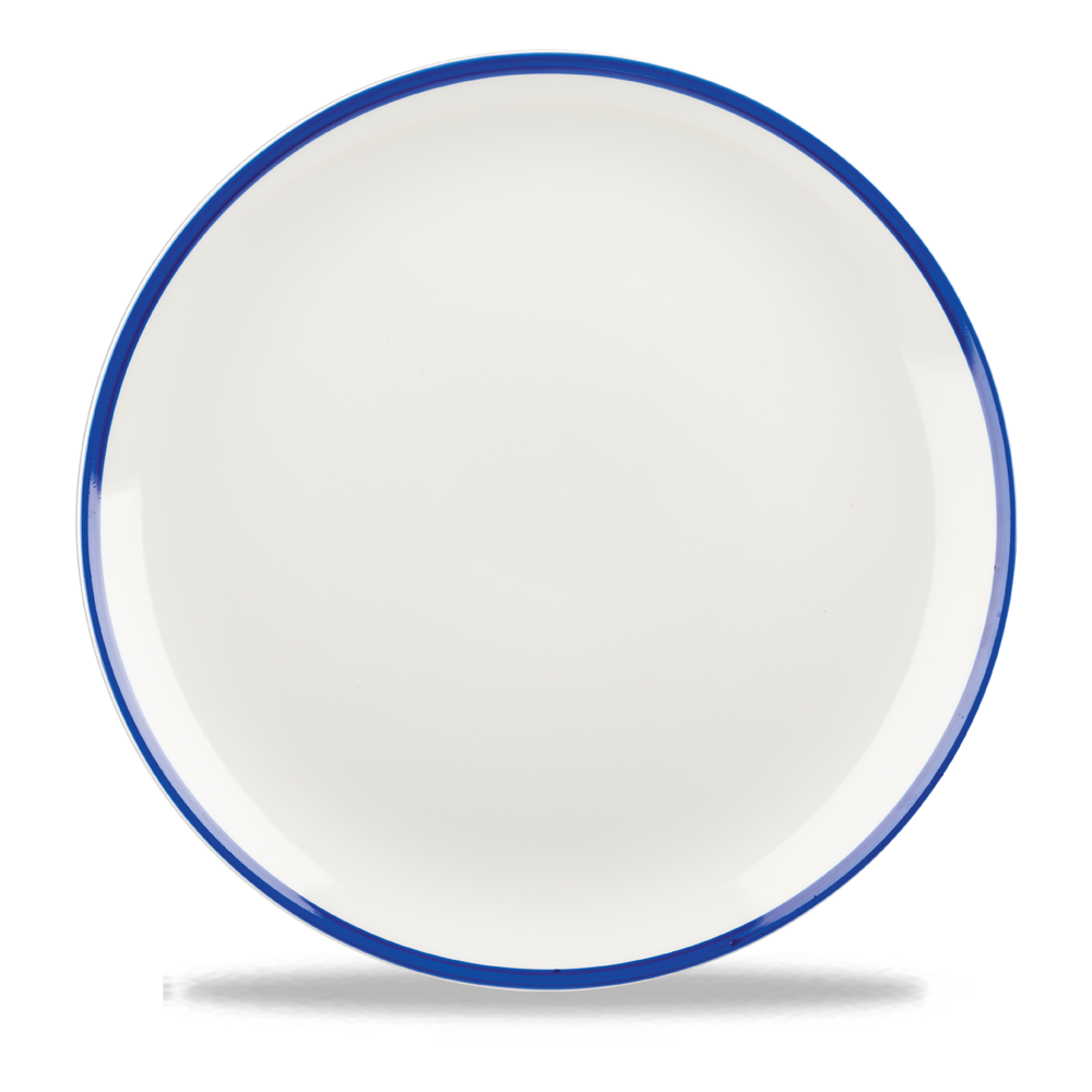 Weißer Teller mit blauem Rand.