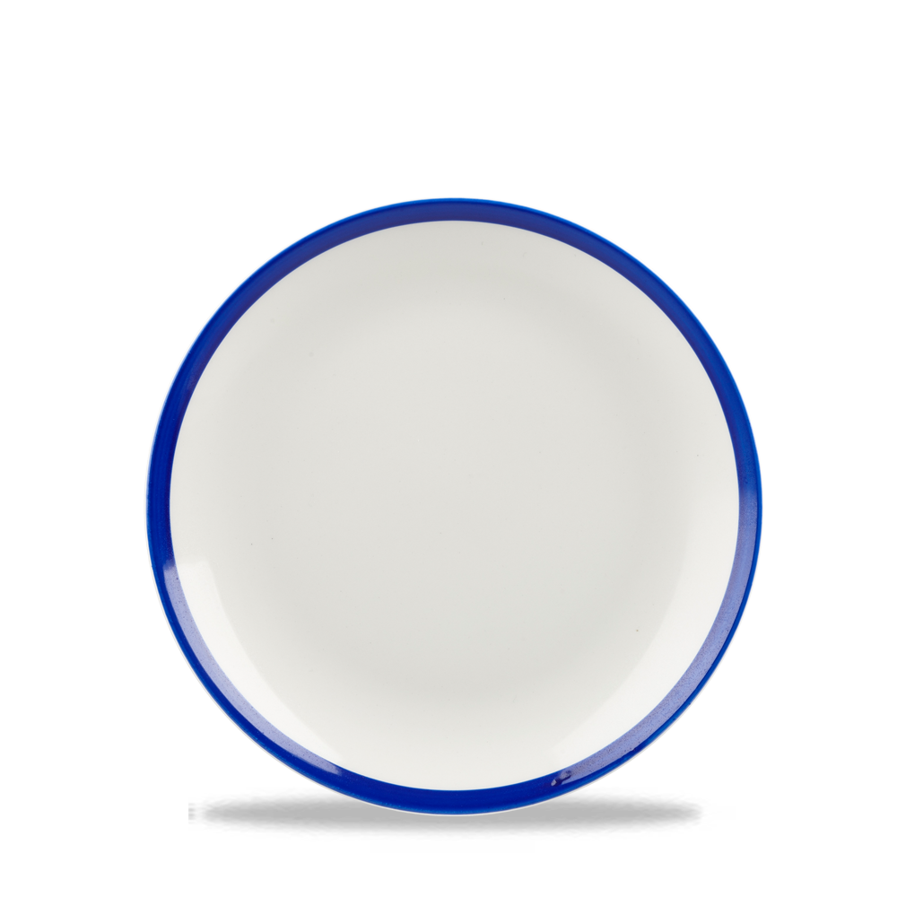 Weißer Teller mit blauem Rand.