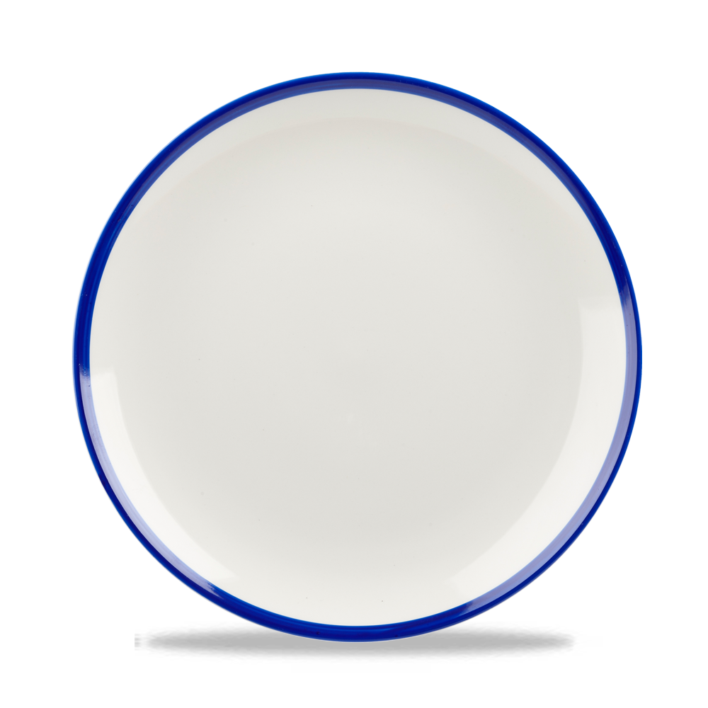 Weißer Teller mit blauem Rand.