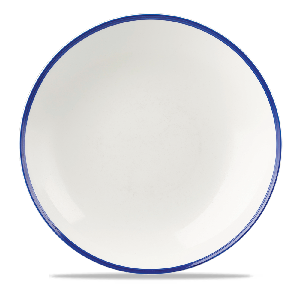 Weißer Teller mit blauem Rand.
