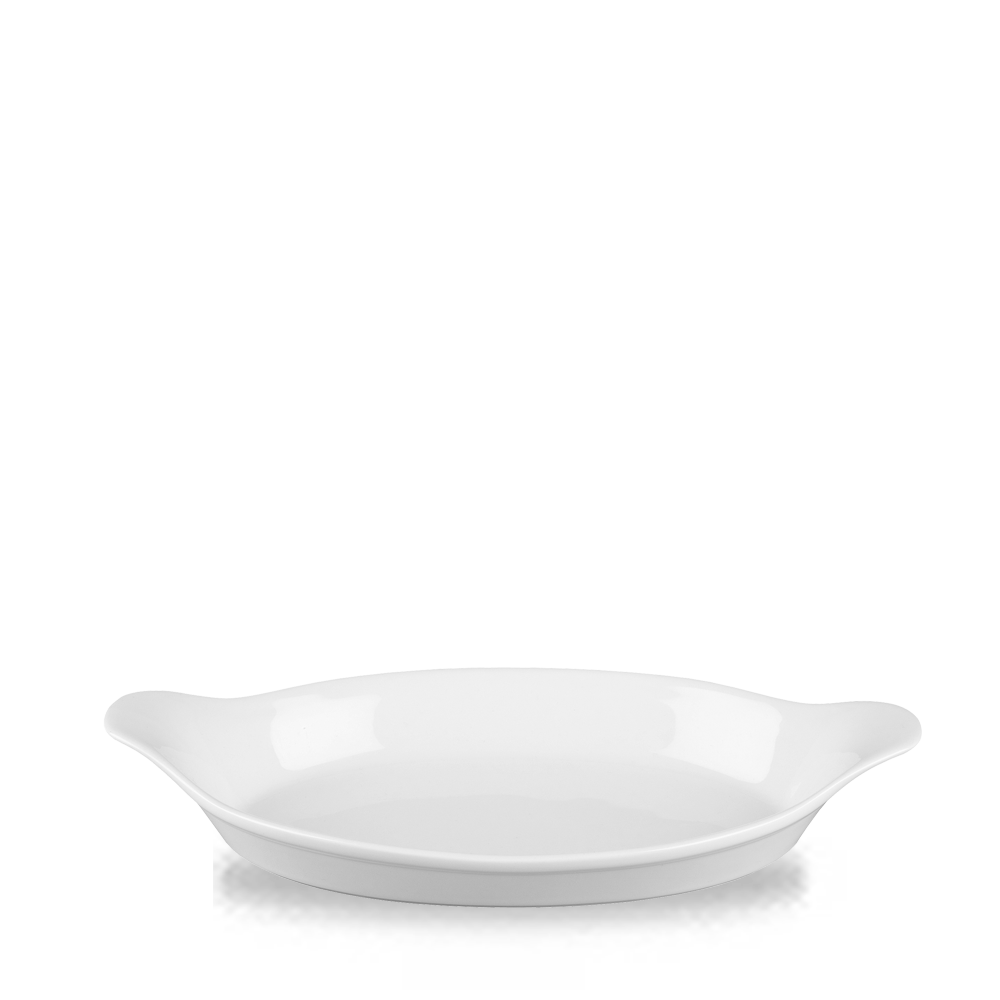 Weißer Porzellanteller mit Griffen.