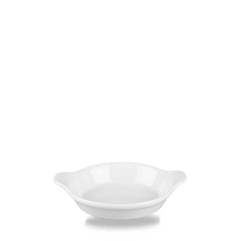 Weißer Porzellanteller mit Griffen.