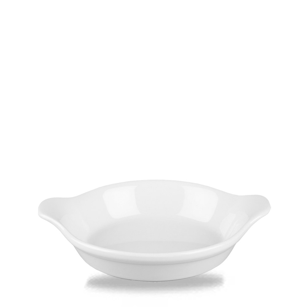Weiße, runde Servierschale aus Porzellan.