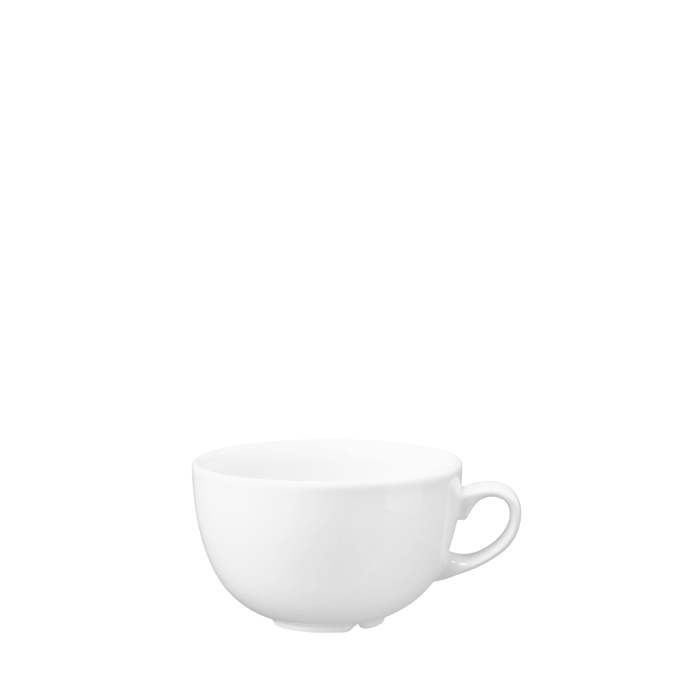 Weiße Tasse auf weißem Hintergrund.