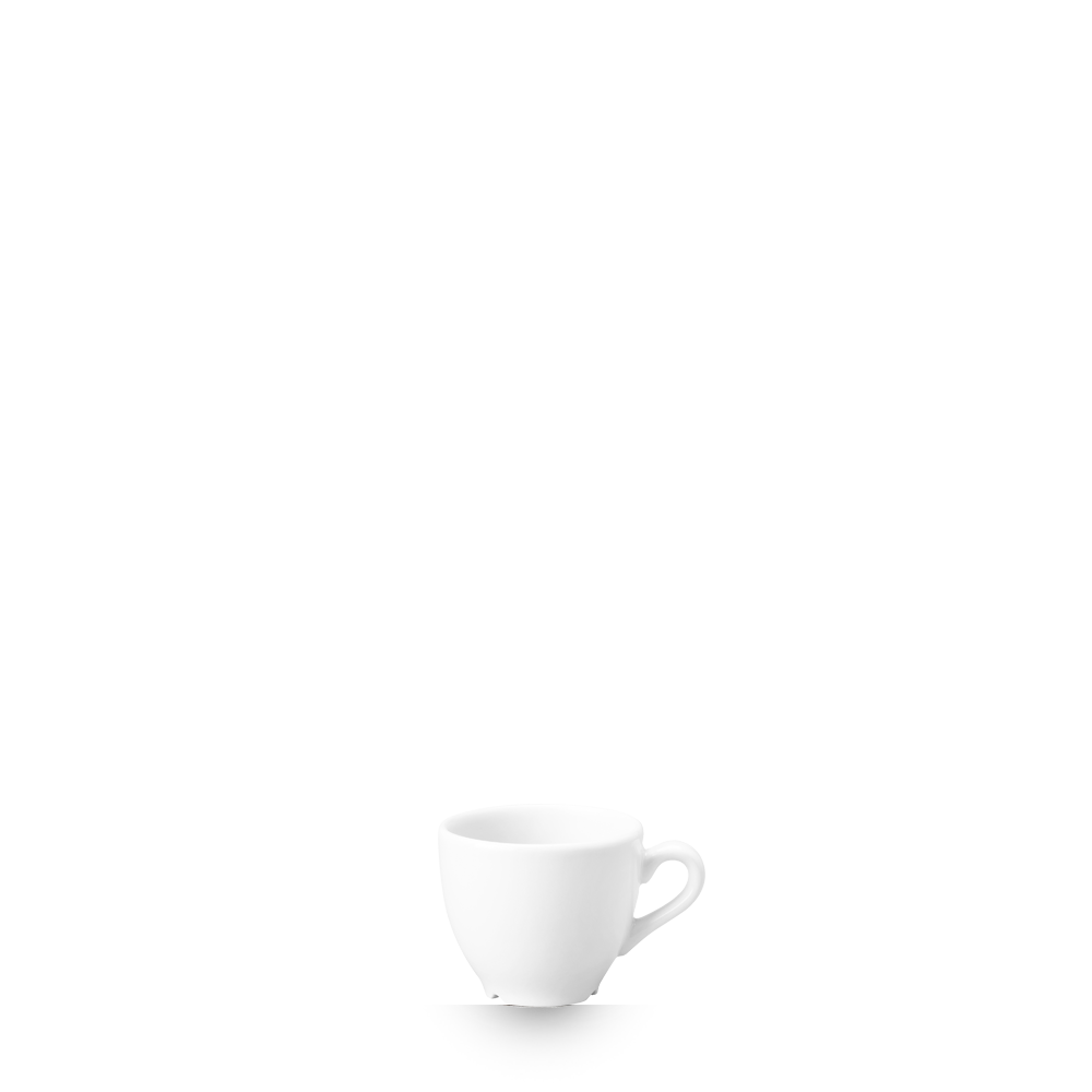 Weiße Kaffeetasse auf weißem Hintergrund.